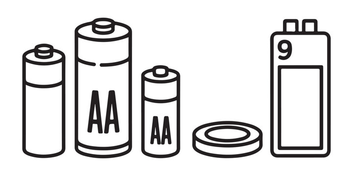 Battery types line icons collection featuring various sizes like aa nine volt and coin cell on grid background.