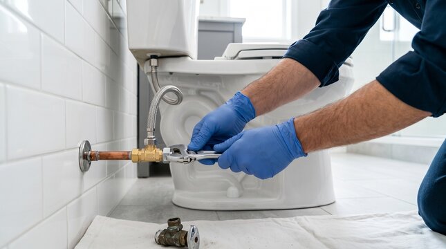 Plumber replacing toilet supply valve, Bathroom plumbing repair detail, Residential water line maintenance, Low angle close up, Clean service work