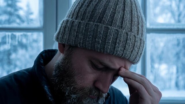 Portrait of a man feeling cold and stressed wearing a winter hat by frosty window