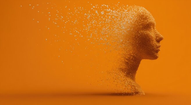 A human head profile dissolves into tiny particles against a vibrant orange background