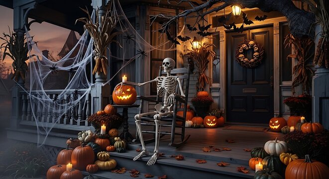 Spooky Halloween Skeleton Sitting on Decorated Porch with Pumpkins and Cobwebs