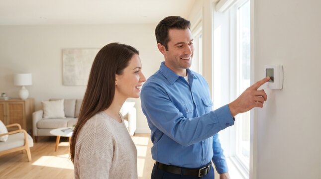 Furnace technician explaining thermostat, Homeowner heating service consultation, Residential HVAC customer support, Modern living room, Positive lifestyle scene