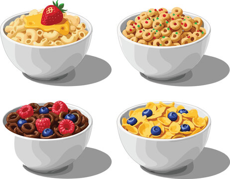 Healthy Breakfast Cereal Bowl Vector Set Featuring Corn Flakes, Oatmeal Porridge, Chocolate Loops, and Berry Toppings for Morning Meal Graphic Designs