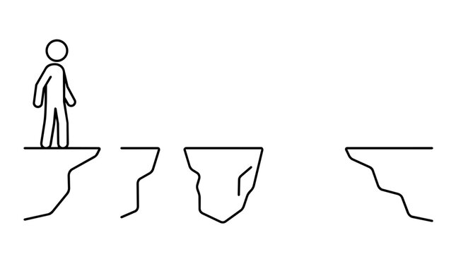 Minimalist stick figure standing before multiple cliff gaps line art illustration