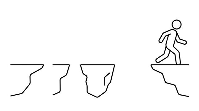 Minimalist stick figure walking safely after crossing multiple cliff gaps illustration