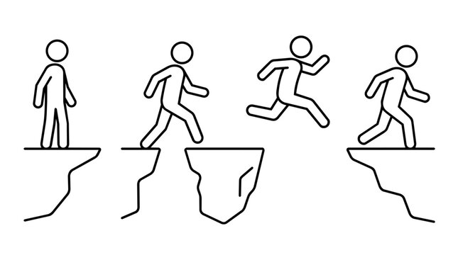 Stick figure character animation sequence jumping over cliff gap set line art