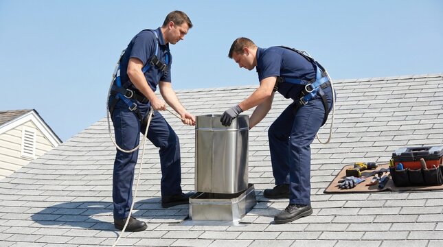 Chimney installation team positioning liner, Residential roof flue service, Professional workers with safety gear, Home improvement teamwork, Clean exterior scene