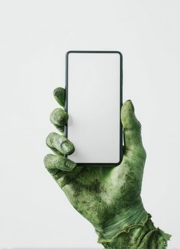 Green-skinned hand holds up a blank-screened modern phone