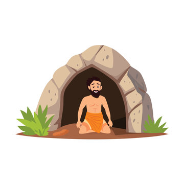Cave dweller outside stone shelter illustration isolated on white background