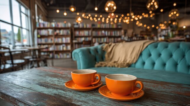 Cozy cafe interior with turquoise sofa, rustic table, and two orange coffee cups