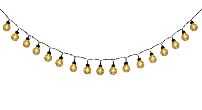 Elegant gold string lights with warm bulbs hanging decoratively isolated on transparent background