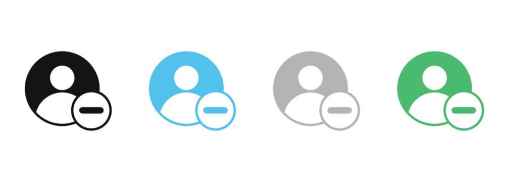 Delete user icon collection. Person profile with minus sign for account cancellation and member removal