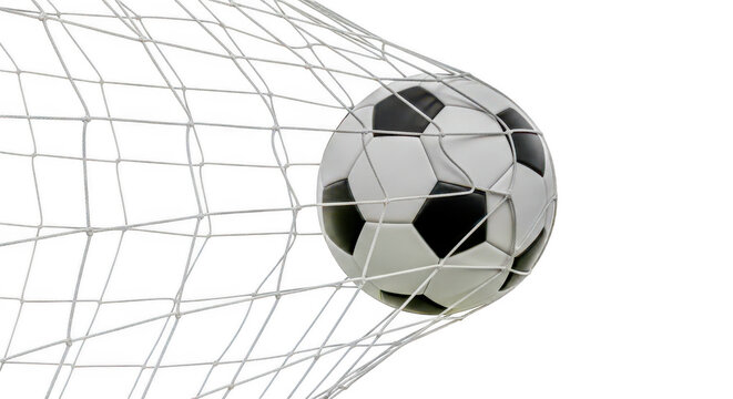Classic black-and-white soccer ball with curved grid lines isolated on transparent background