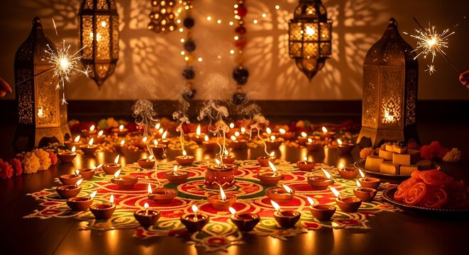 Decorative diya lamps and rangoli for Diwali festival celebration at night