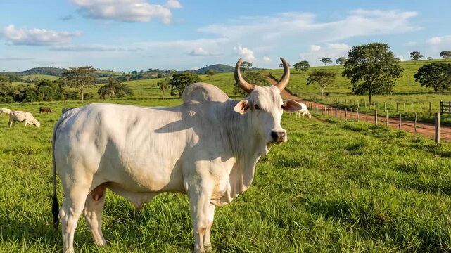 brazilian farm nellore bull or cattle bull in grassy landscape dolly in