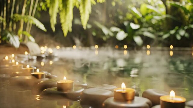 Candles glowing on smooth stones line a tranquil hot spring pool surrounded by lush tropical greenery in a peaceful wellness spa retreat.