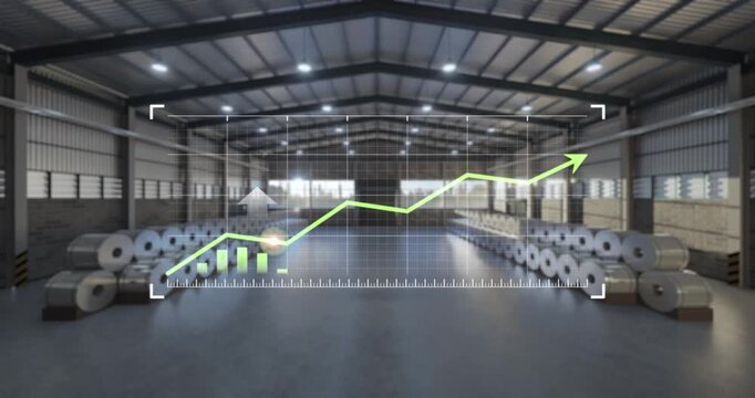 Factory warehouse with metal coils. Upward-trending digital graph overlays manufacturing facility, symbolizing increasing production capacity, rising demand, expanding supply chains and higher prices.