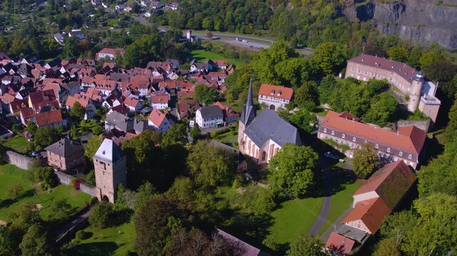 Aerial view of the city Ortenberg, 63683 in Germany, hesse on a sunny morning in late summer.