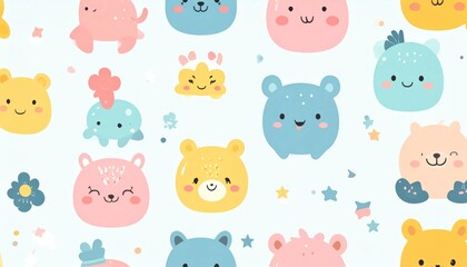 Obraz premium Cute Pastel Animal Faces Arranged in Playful Seamless Pattern