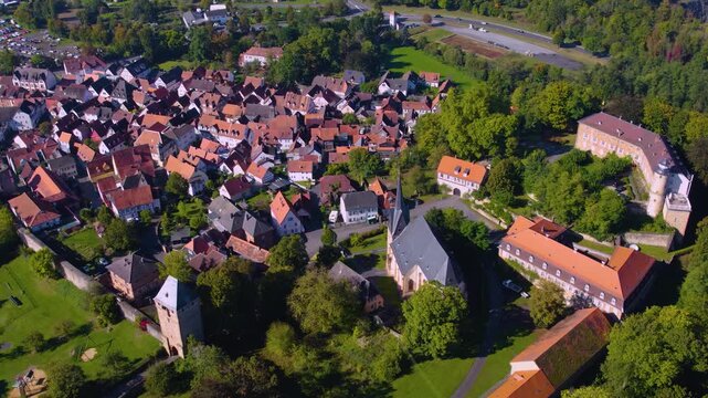 Aerial view of the city Ortenberg, 63683 in Germany, hesse on a sunny morning in late summer.