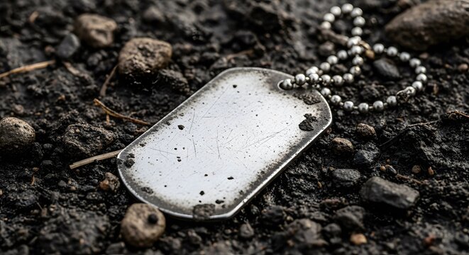 A close-up shot of a single, worn military dog tag with a beaded chain lying on dark, rocky, and muddy ground.