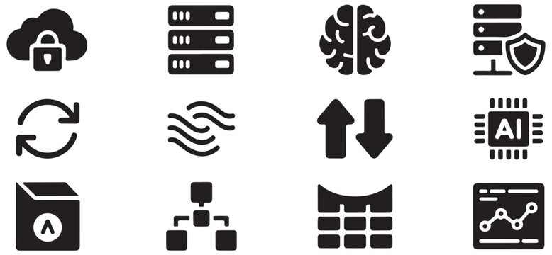 Collection of fifteen solid black design elements for artificial intelligence and cloud systems.