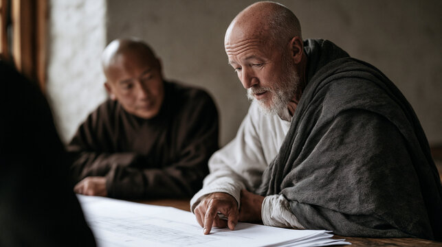 Tibetan Buddhist abbot reviews architectural blueprints with a structural engineer across a refectory table in a functioning hillside monastery, balancing the preservation of centuries-old building 