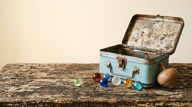 Vintage tin lunchbox with open lid and scattered colorful glass marbles and wooden spinning top on aged distressed wooden surface, nostalgic childhood toy collector hobby editorial horizontal with cop