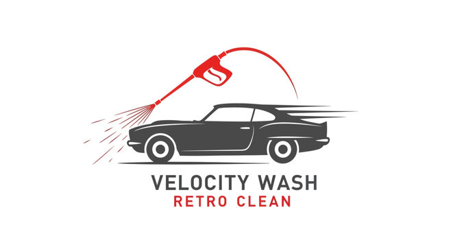 Retro Car Wash Logo with Classic Vehicle and Pressure Washer.