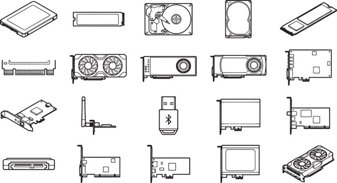 A collection of computer hardware component illustrations, including hard drives, SSDs, graphics cards, and USB drives, presented in a clean, white background layout.