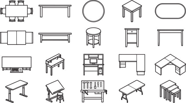 A collection of furniture line drawings, featuring various table designs from dining sets to drafting desks and office workstations, presented in a clean, illustrative style.