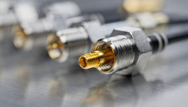 Closeup view of intricately assembled RF SMA coaxial connectors on a production line highlighting precision engineering for highfrequency signal transmission.