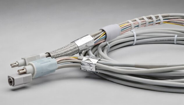 Medium shot showing shielded patient monitoring cable harnessing focusing on careful bundling and termination ensuring electromagnetic interference protection and durability.