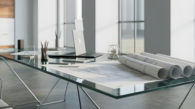 architect s desk with blueprints and laptop modern office interior 3d render