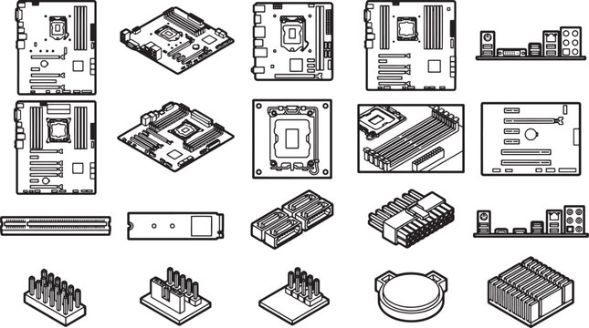 A collection of detailed line art illustrations depicts various computer motherboard components and hardware, showcasing their intricate designs.
