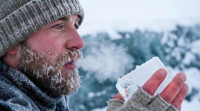 Mountain climber facing tall peak in cold weather concept. A man in a winter scene breathes out steam holding ice.