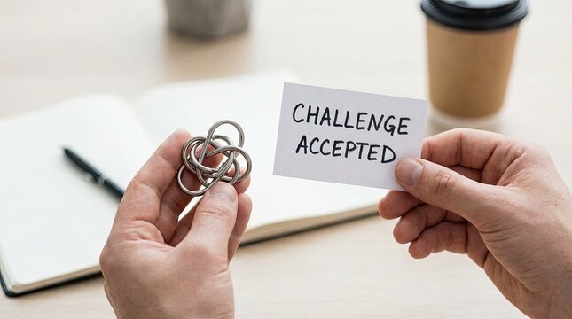 Mountain climber facing tall peak in cold weather concept. A person holding a challenge accepted note with puzzle rings.