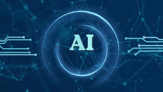Digital artificial intelligence text transitioning from a single letter A into a bold AI acronym centered within a glowing circular interface surrounded by complex neural network lines in motion 