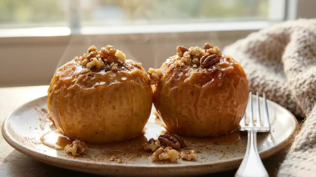 baked apples with golden-brown caramelized skins orbit video