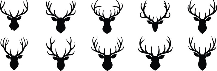 Deer head with antlers set pitch black solid silhouette cad drawing flat vector illustration diverse buck icons isolated on white. © MdMominur