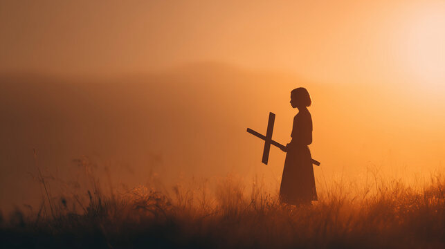 Christian child praying at sunrise, expressing hope and faith through worship, peaceful prayer moment with soft light.
