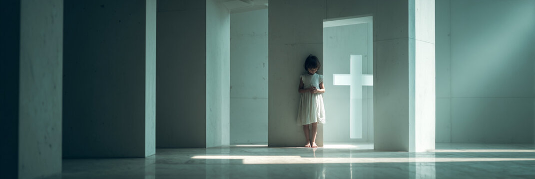 Christian child praying at sunrise, expressing hope and faith through worship, peaceful prayer moment with soft light.