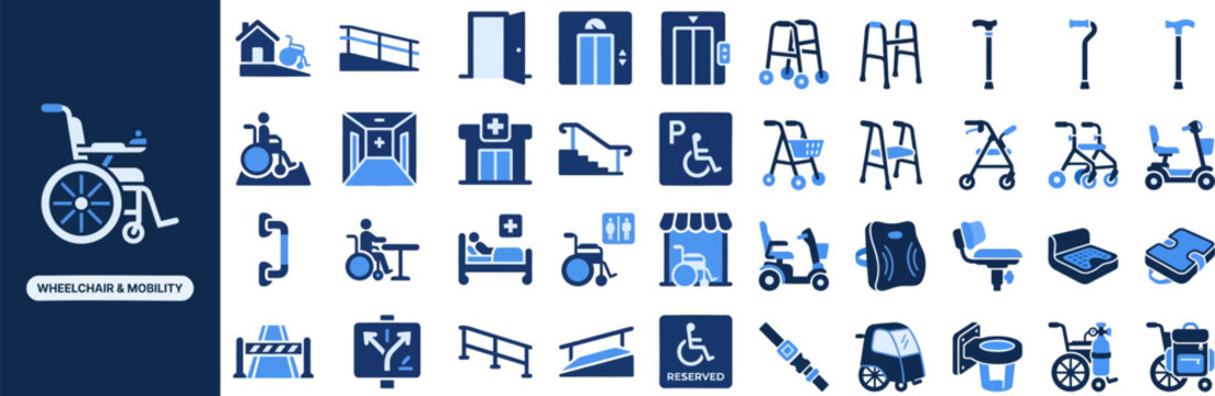 Wheelchair Mobility Aid flat icon set. Featuring manual chair, ramp access, crutch pair, walker frame, and accessibility sign symbols. Editable stroke icons for disability and accessible facility.