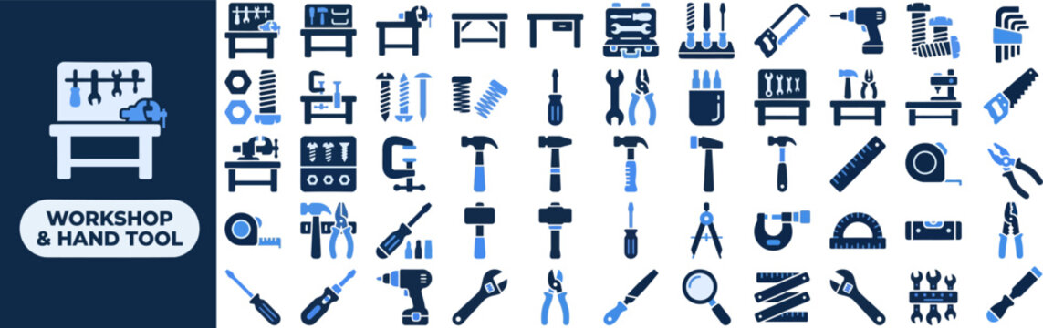 Workshop Tool and Carpentry flat icon set. Featuring hammer, screwdriver, pliers, saw blade, and tape measure symbols. Editable stroke vector icons for hardware store and DIY website.
