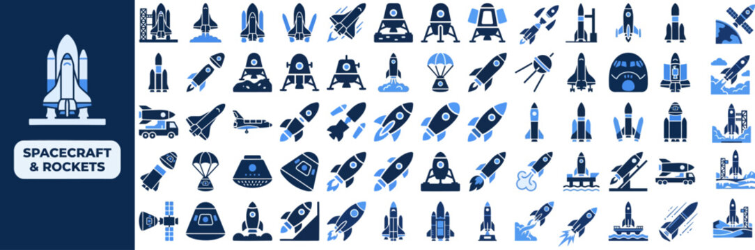 Spacecraft and Rocket flat icon set. Featuring space shuttle, satellite probe, astronaut helmet, moon lander, and orbital station symbols. Editable stroke icons for space agency and astronomy app.