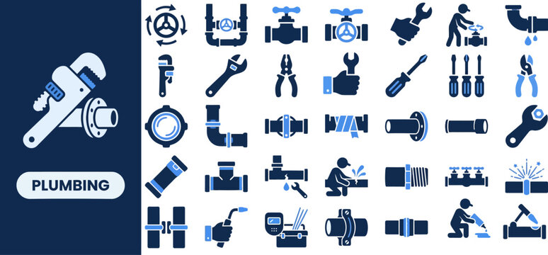 Plumbing Pipe Fitting flat icon set. Featuring wrench, faucet, water pipe, valve handle, and drain trap symbols. Editable stroke vector icons for plumber and home maintenance.