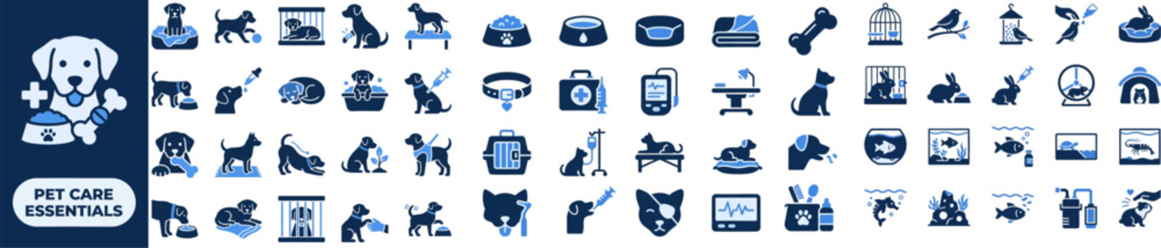 Pet Care Essential flat icon set. Featuring dog leash, cat toy, food bowl, grooming brush, and carrier crate symbols. Editable stroke vector icons for veterinary clinic and pet shop.