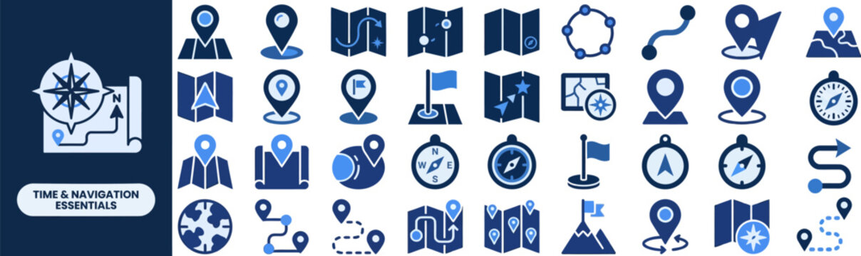 Time and Navigation flat icon set. Featuring compass needle, route map, waypoint pin, anchor mark, and hourglass symbols. Editable stroke vector icons for travel app and adventure planner.