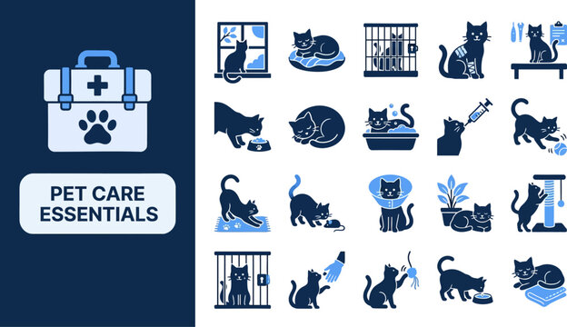 Pet Clinic and Vet Care flat icon set. Featuring exam table, vet doctor, pet medicine, X-ray scan, and animal cage symbols. Editable stroke vector icons for animal hospital and pet insurance.