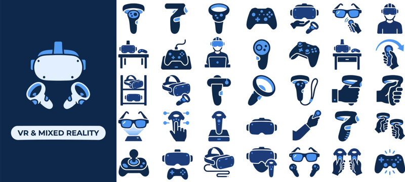 VR Reality and Gaming flat icon set. Featuring headset, motion controller, virtual avatar, immersive scene, and gesture tracking symbols. Editable stroke vector icons for VR gaming and metaverse app.